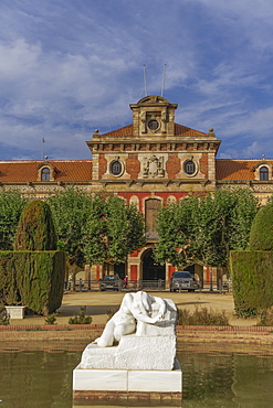 External view of the facade of the Parliament of Catalonia (Parlament de Catalunya) in the Parc de la Ciutadella, Barcelona, Catalonia, Spain, Europe