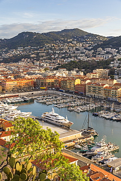 View from a lookout on Castle Hill down to Port Lympia, Nice, Alpes Maritimes, Cote d'Azur, French Riviera, Provence, France, Mediterranean, Europe