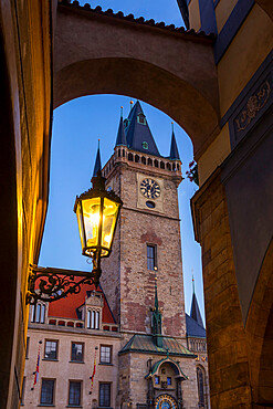 The Town Hall tower in the Old Town seen at dawn, UNESCO World Heritage Site, Prague, Czech Republic (Czechia), Europe