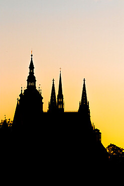 Silhouette of Saint Vitus Cathedral at sundown, UNESCO World Heritage Site, Prague, Czech Republic (Czechia), Europe