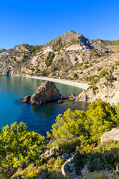 Elevated view over the Cala del Canuelo beach, Maro Cerro Gordo Cliffs Nature Reserve, Andalusia, Spain, Europe