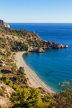 Elevated view over Cala del Canuelo beach, Maro Cerro Gordo Cliffs Nature Reserve, Andalusia, Spain, Europe