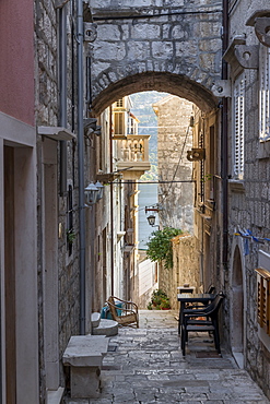 Narrow street in the old town of Korcula Town, Croatia, Europe