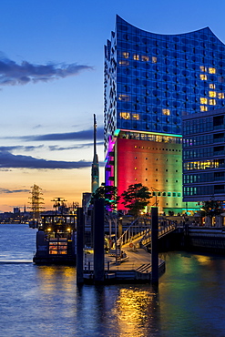 The Elbphilharmonie building with Pride illumination during the Christopher Street Day weekend in 2017, Hamburg, Germany, Europe