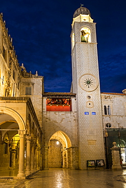 The clock tower at Stradun inside the old town of Dubrovnik at dawn, Dubrovnik, Croatia, Europe