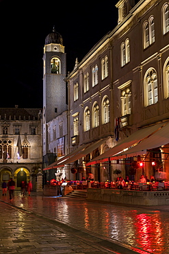 Night shot of the bell tower at Stradun, Dubrovnik, Croatia, Europe