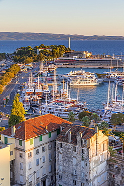 Elevated view from the bell tower of the Cathedral over the port, Split, Croatia, Europe