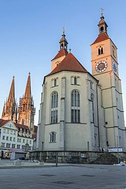 Cathedral of St. Peter and Neupfarrkirche at last sunlight, Regensburg, Bavaria, Germany, Europe