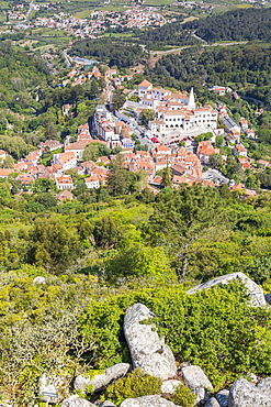 View from the Moorish Castle down to the historical centre of Sintra, Portugal, Europe