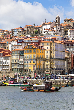 View from Douro River to the historical Ribeira Neighborhood, UNESCO World Heritage Site, Porto, Portugal, Europe