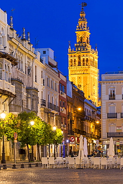 The Giralda Bell tower seen from San Francisco Square at dusk, Seville, Andalusia, Spain, Europe