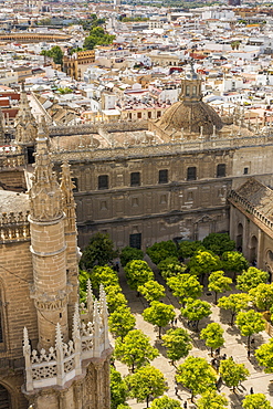 View from the Giralda Bell Tower down to the inner courtyard of the Cathedral of Seville, UNESCO World Heritage Site, Seville, Andalusia, Spain, Europe