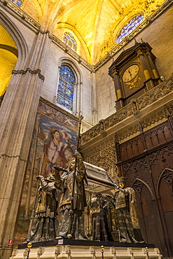 The tomb of Christopher Columbus inside the Cathedral of Seville, UNESCO World Heritage Site, Seville, Andalusia, Spain, Europe