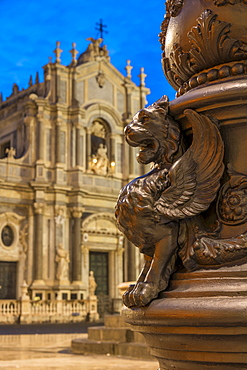 The illuminated cathedral during blue hour, Catania, Sicily, Italy, Europe