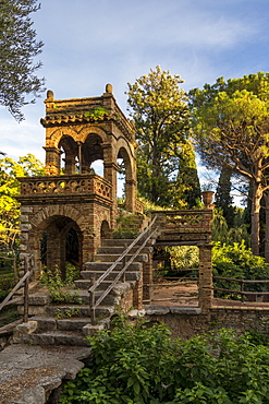 One of the so called Victorian Follies inside the public garden, Parco Duca di Cesaro, Taormina, Sicily, Italy, Europe