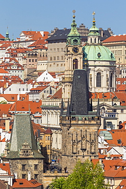 View from the old town bridge tower to the Lesser Town (Mala Strana) district, UNESCO World Heritage Site, Prague, Bohemia, Czech Republic, Europe