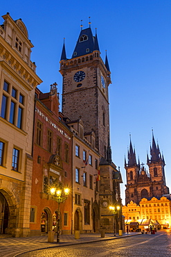 The old town hall and Our Lady before Tyn Church at dawn, UNESCO World Heritage Site, Prague, Bohemia, Czech Republic, Europe