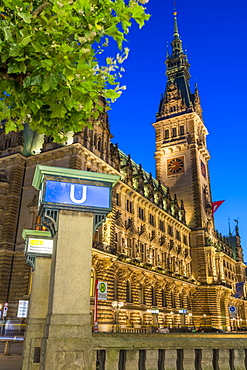 The illuminated town hall at dusk, Hamburg, Germany, Europe