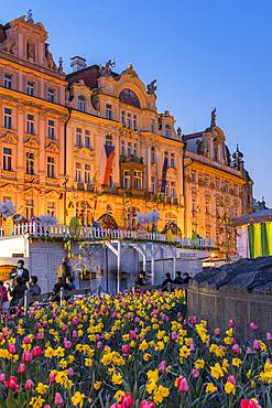 Historical buildings seen from the Easter market at the old town market square at dusk, Prague, Bohemia, Czech Republic, Europe