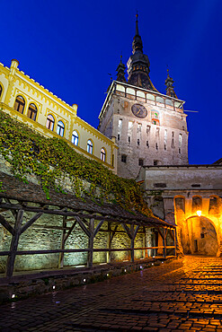 Clock Tower (Turnul cu Ceas) at dusk, Sighisoara, UNESCO World Heritage Site, Mures County, Transylvania Region, Romania, Europe