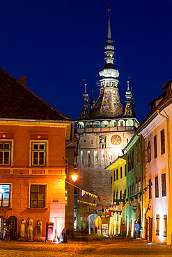 Clock Tower (Turnul cu Ceas) at dusk, Sighisoara, UNESCO World Heritage Site, Mures County, Transylvania Region, Romania, Europe