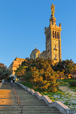 Notre Dame de la Garde church at last sunlight, Marseille, Bouches du Rhone, Provence, France, Europe