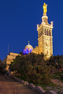 Illuminated Notre Dame de la Garde church at dusk, Marseille, Bouches du Rhone, Provence, France, Mediterranean, Europe