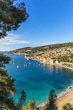 Elevated view from the Basse Corniche over Villefranche sur Mer, Alpes Maritimes, Cote d'Azur, French Riviera, Provence, France, Mediterranean, Europe