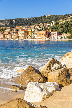 View from Les Marinieres Beach to the old town, Villefranche sur Mer, Alpes Maritimes, Cote d'Azur, French Riviera, Provence, France, Mediterranesn, Europe