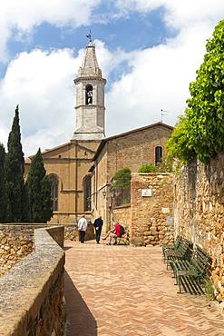 A street and view of the Cathedral tower in Pienza, UNESCO World Heritage Site, Tuscany, Italy, Europe