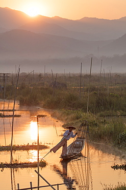 Fisherman rows with one leg at dawn in the floating gardens on Inle Lake, Shan State, Myanmar (Burma), Asia