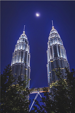 Petronas Towers and the moon, Kuala Lumpur, Malaysia, Southeast Asia, Asia