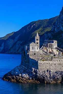 Island of Palmaria, view of Portovenere from Palmaria, to the Church of San Pietro, Liguria, Italy, Europe