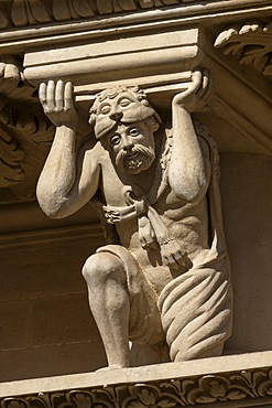 Telamons depicting grotesque figures or fantastic and allegorical animals, detail of the baroque facade, Church of Santa Croce, Lecce, Salento, Puglia, Italy