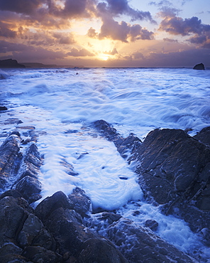 Sunrise in a fierce winter storm at Mupe on the Jurassic Heritage Coast, UNESCO World Heritage Site, Dorset, England, United Kingdom, Europe