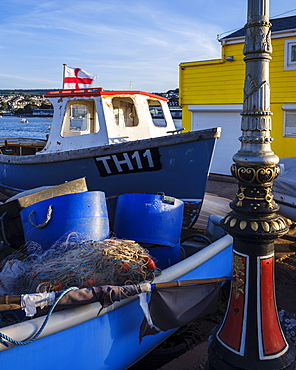 Fishing boat, nets and pots at The Point, Teignmouth, Devon, England, United Kingdom, Europe