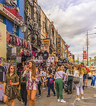 Some of the typically colourful stores on Camden High Street in Camden, London, England, United Kingdom, Europe