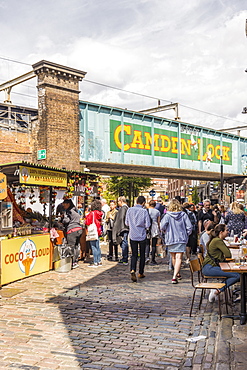 A view of Camden Market, and Camden Lock bridge in Camden, London, England, United Kingdom, Europe