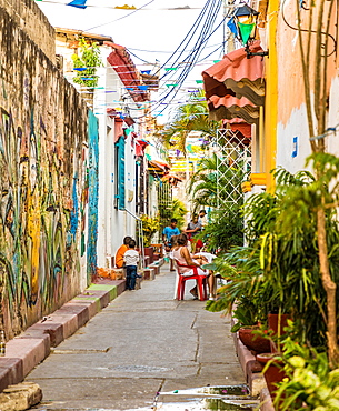 A typically colourful street scene in Getsemani in Cartagena, Colombia, South America