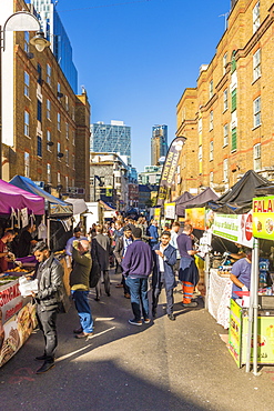 Food stalls in Petticoat Lane market, London, England, United Kingdom, Europe