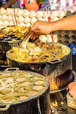 A fried seafood stall at the famous Walking Street night market in Phuket old Town, Phuket, Thailand, Southeast Asia, Asia