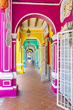 The colourful shop house architecture of Kek Chuan Jalan Road in George Town, Penang Island, Malaysia, Southeast Asia, Asia