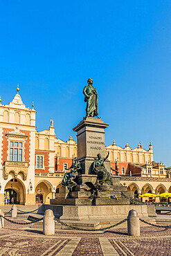 The Adam Mickiewicz Monument in the main Square in the medieval old town, UNESCO World Heritage Site, Krakow, Poland, Europe