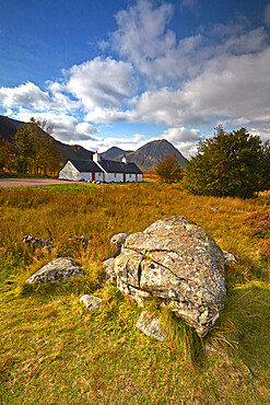 Black Rock Cottage and Buchaille Etive Mor on Rannoch Moor, Argyll and Bute, Scotland, United Kingdom, Europe