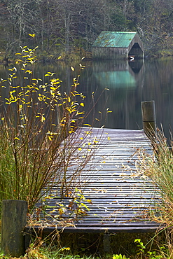 Boathouse and jetty at Milton Basin near Aberfoyle, Loch Ard, The Trossachs, Stirlingshire, Scotland, United Kingdom, Europe