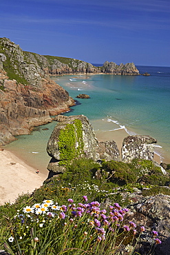 Pednvounder Beach and Treen Cliffs at Porthcurno, Cornwall, England, United Kingdom, Europe