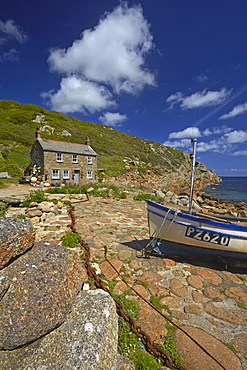 Fisherman's cottage and boat at Penberth Cove, Cornwall, England, United Kingdom, Europe