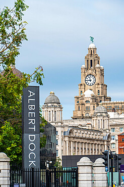 Entrance to the Albert Dock with the Liver Building, Liverpool, Merseyside, England, United Kingdom, Europe