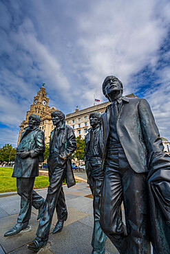 The bronze statue of The Beatles standing on the Liverpool Waterfront, Liverpool, Merseyside, England, United Kingdom, Europe