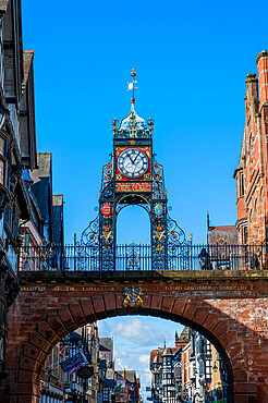 East Gate Clock and view of Eastgate, Chester, Cheshire, England, United Kingdom, Europe